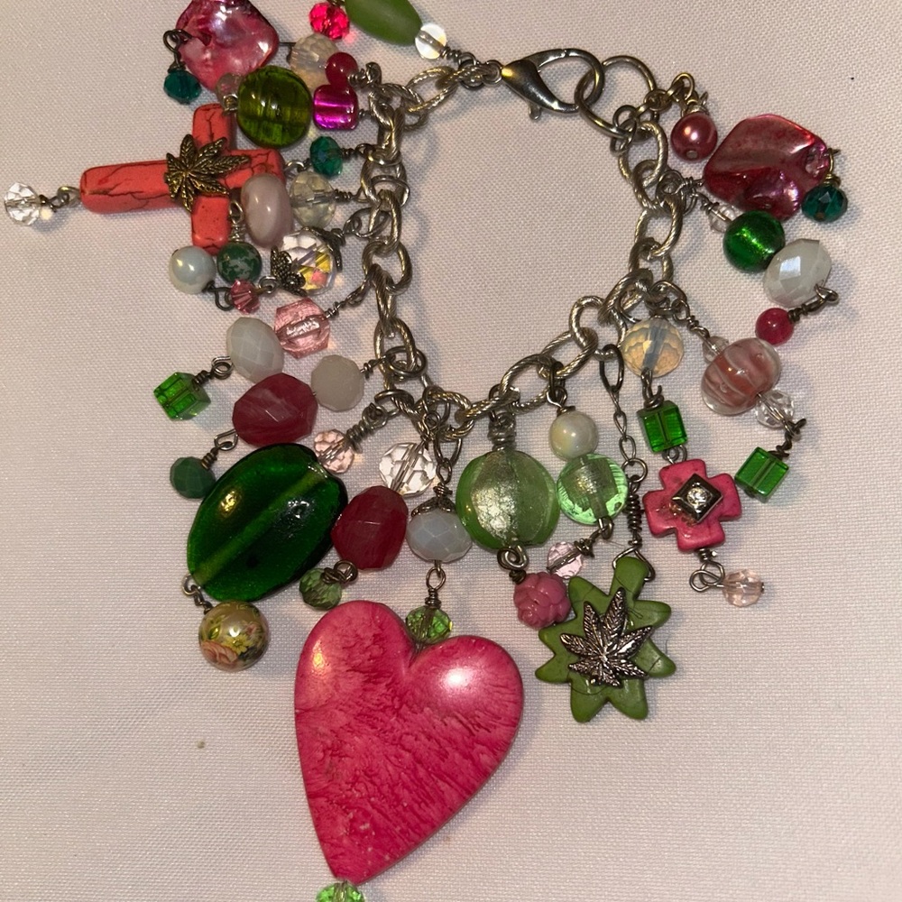 Pink & Green Chunky Charn Bracelet with Large Pink Heart